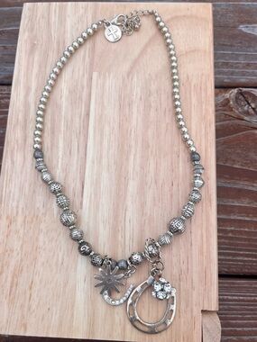 West & Co Western Charm Necklace Horseshoe Rhinestone Boho Silver Tone